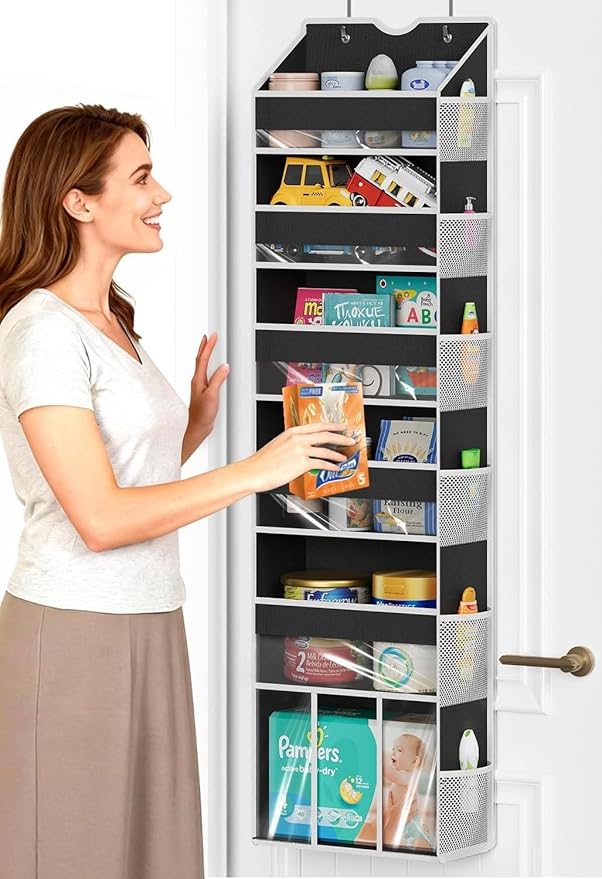 Over The Door Organizer Hanging - 6 Shelf Over Door Organizer with 6 Clear Front & 12 Side Pockets - 50LB Load Behind Storage