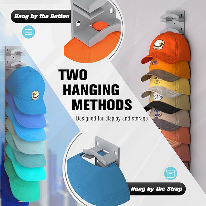 Hat Organizer for Baseball Caps 2Pack, Hat Rack for Wall with Strong Adhesive Hold up to 20 Hats, Hat Hanger Holder Display f