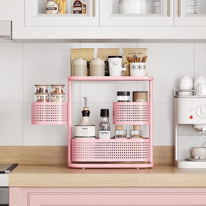 KINGRACK 3 Tier Pink Bathroom Counter Organizer, Rotating Makeup Organizer for Vanity, Perfume & Skincare Standing Shelf, Van