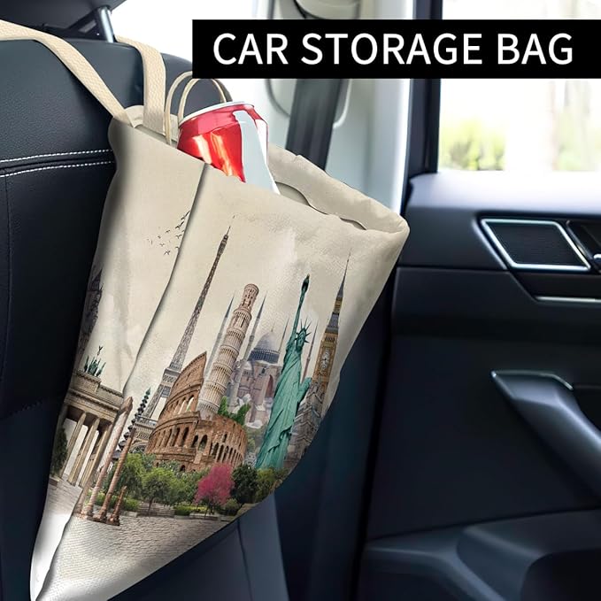Car Trash Can, Cute Car Trash Bag, Hanging Car Organizer and Storage Bag, Trash Bin for Car Accessories, Vehicle, Travelling, Camping Luxury Cityscape Pattern
