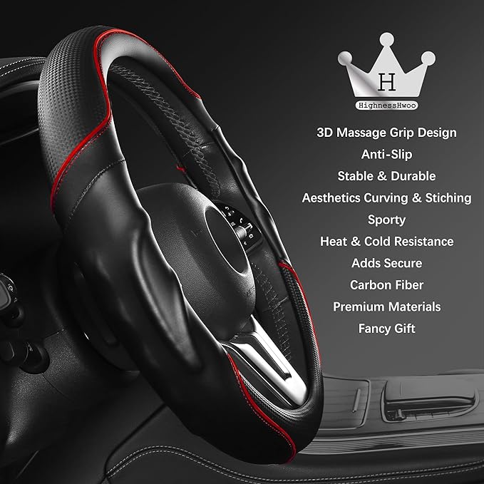 HighnessHwoo 3D Car Steering Wheel Cover Comfort Grip Massage Sporty Anti-Slip Carbon Fiber Faux Leather for F150, Trucks, Je