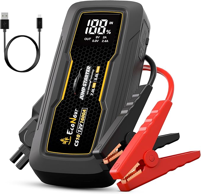 EcoNour Jump Starter | 1600A Peak | Portable Car Jump Starter | 12V Lithium Jump Box for 7L Gas and 5L Diesel Engines | Car Battery Jump Starter - LCD Display, Emergency Flashlight and Jumper Cables