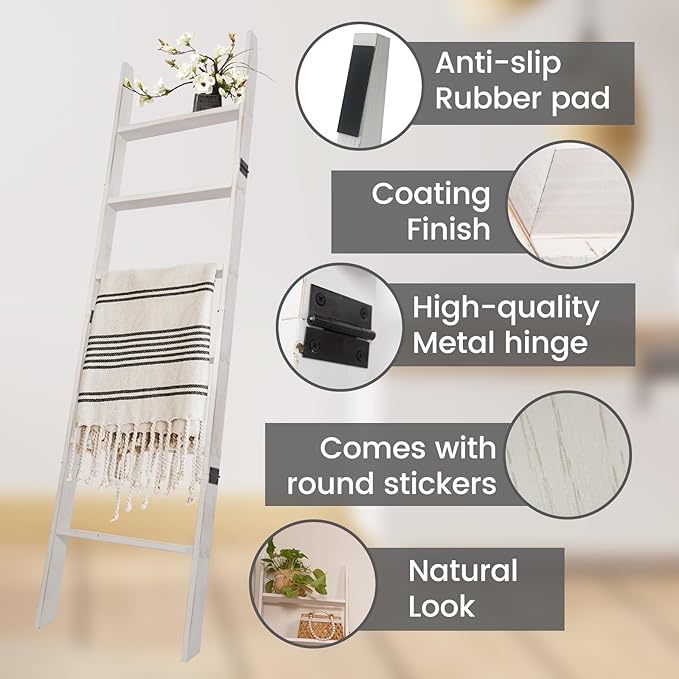 6-Tier Blanket Ladder – 5.5 Ft Wall Leaning Quilt Rack, Farmhouse Blanket Storage for Living Room, Bedroom & Bathroom – Rusti