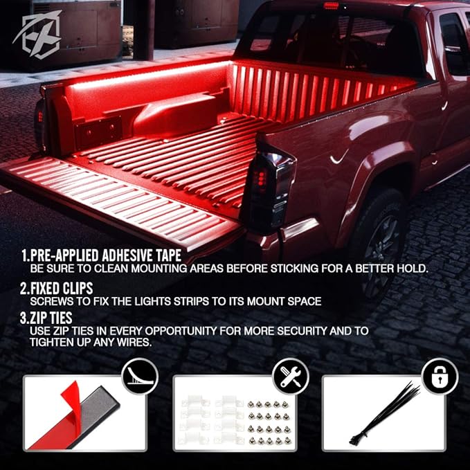 Xprite 60" Inch Red LED Truck Bed Lights Strip Kit, Decoration Lighting Bar for Cargo Pickup Trucks Van SUV RV Boat, On/Off Switch - 2PCS
