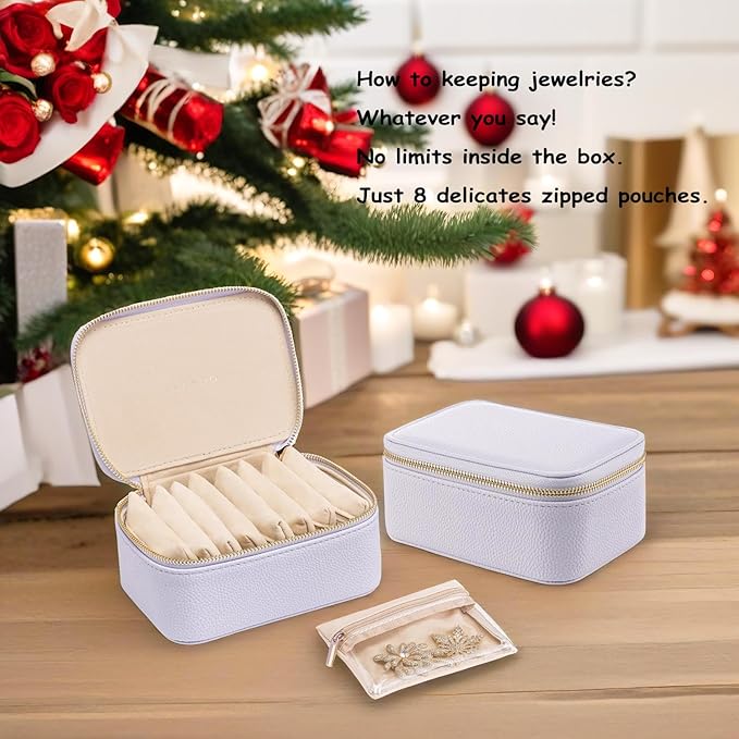VLANDO Travel Jewelry Box Organizer – Portable PU Leather Jewelry Case with 6/8/12 Zippered Pouches, Compact Storage for Earr