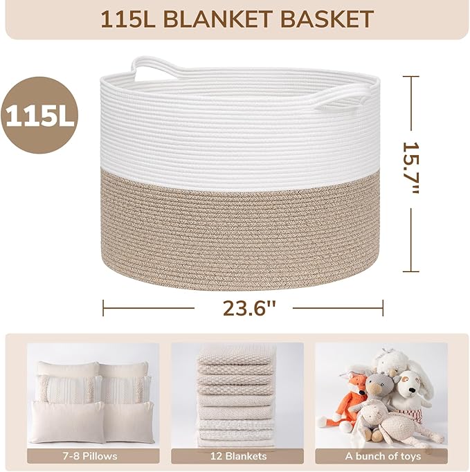 INDRESSME 115L Extra Large Blanket Basket, Soft Cotton Rope Storage Baskets for Organizing Living Room Décor Toy Storage for 