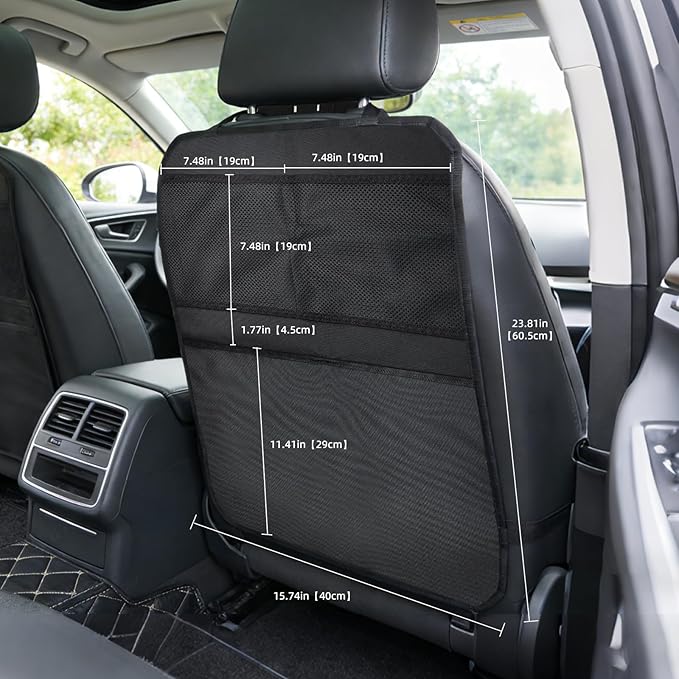 Back Seat Cover for Kids – 2 Mesh Pockets + 1 X-Large Storage Organizer, Waterproof Car Seat Back Protector for Vehicles, Protects Upholstery from Dirt, Mud & Scratches, Black (1)