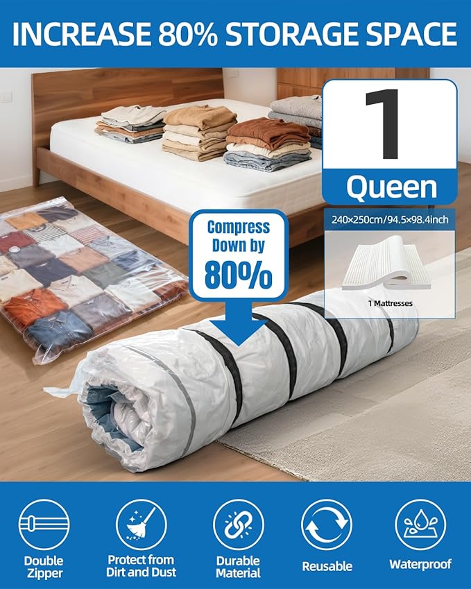Vacuum Storage Bags for moving, Vacuum Seal Bags for Memory Foam, Latex, Clothing & Bedding, Space Saver Bags for Organizatio