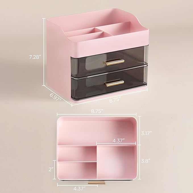 HBlife Makeup Organizer for Vanity with 2 Drawers, Large Plastic Bathroom Countertop Cosmetics Organizer Skin Care Storage, E