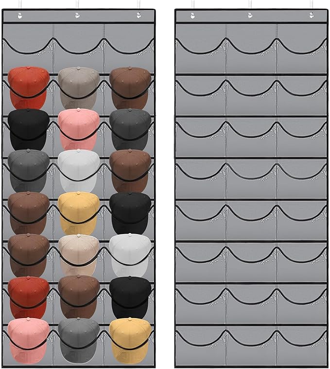 BiCINE Hat Rack for Baseball Caps, 24 Pocket Over The Door Hat Organizer Storage, Hat Holder for Door with 3 Hooks, Grey - 1 