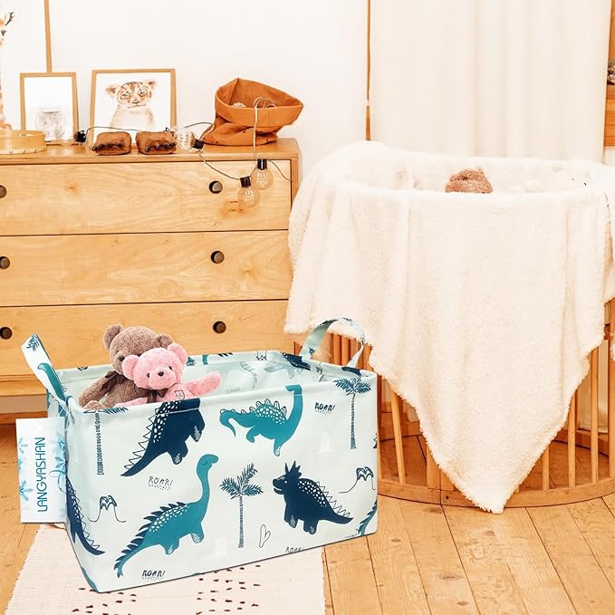 LANGYASHAN Rectangular Storage Bin Collapse Canvas Fabric Cartoon Storage Basket with Handles for Organizing Home Kitchen Boy