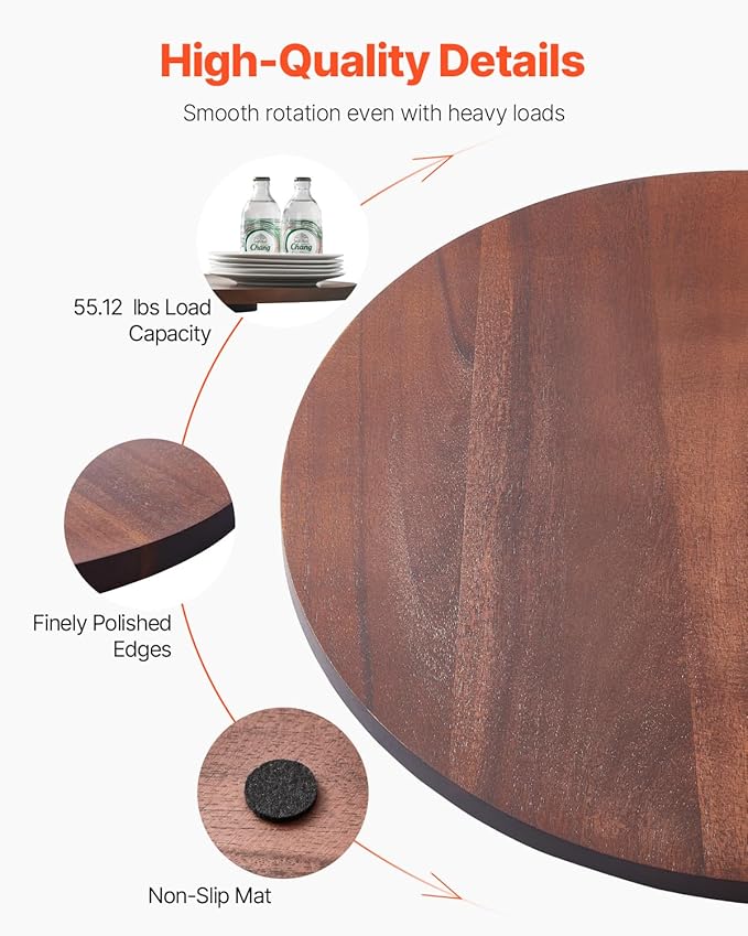 VEVOR 24 in Wood Lazy Susan Turntable, 360° Rotation Round Clear Tabletop Rotating Tray, Acacia Wood Dining Table Centerpiece