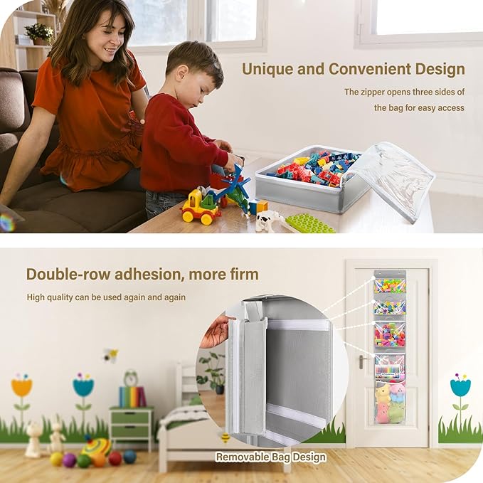 Woodoulogy Hanging Toy Storage over Door, Block Stuffed Animal Organizer Idea with 4 Removable Case Bag, Bi-Fold Closet Holde