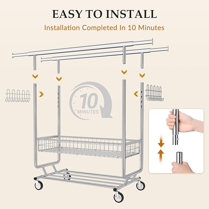 Gewudraw Heavy Duty Clothes Rack with Metal Basket, 1060 LBS Rolling Double Rod Garment Rack, Portable Extendable Clothing Ra