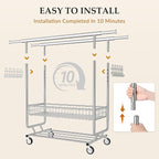 Gewudraw Heavy Duty Clothes Rack with Metal Basket, 1060 LBS Rolling Double Rod Garment Rack, Portable Extendable Clothing Ra