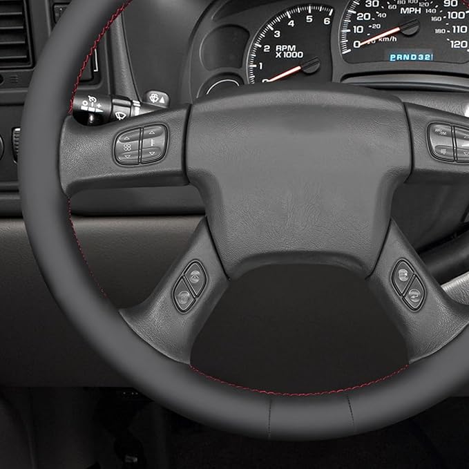 MEWANT Hand Stitched Steering Wheel Cover for Chevy Silverado 1500 2003-2006 Black Smooth Real Leather Steering Wrap