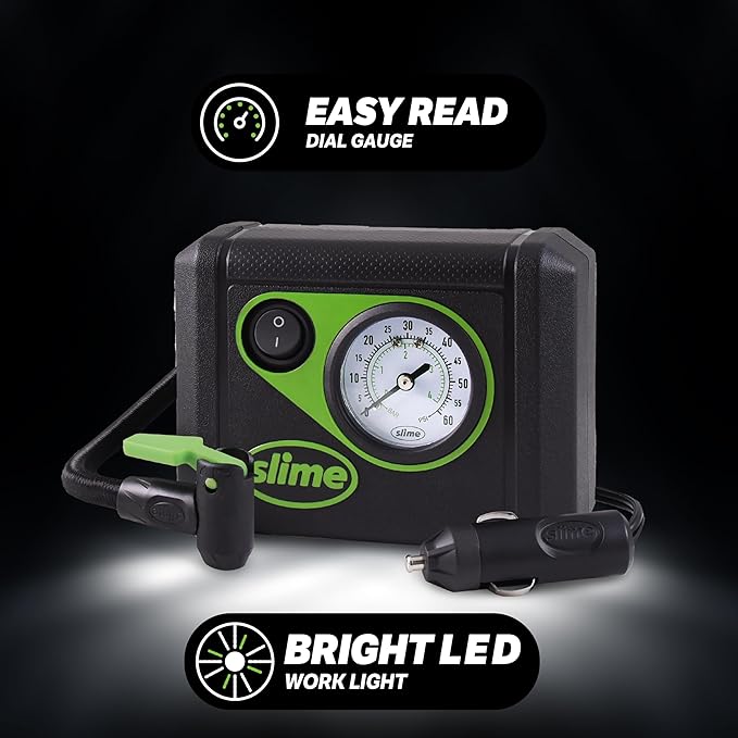 Slime 40059 Tire Inflator, Junior, Compact, Powerful, Portable Car Air Compressor, Lightweight, Analog, Flat Tire Repair, 12V, 12 min Inflation