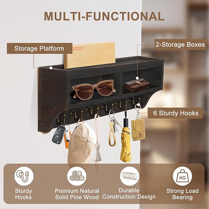 Key Holder Wall Mount - Mail Organizer Wall Mount with 6 Key Hooks and Storage Box for Sunglasses Storage and Dog Leash Holde