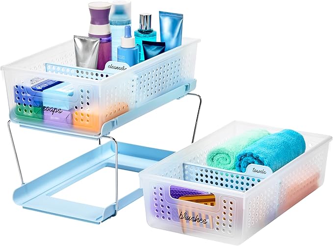 madesmart Two-Tier Bathroom Cabinet Organizer, Sliding Drawer Storage for Bottles, Sponges & Cleaning Supplies, Blue