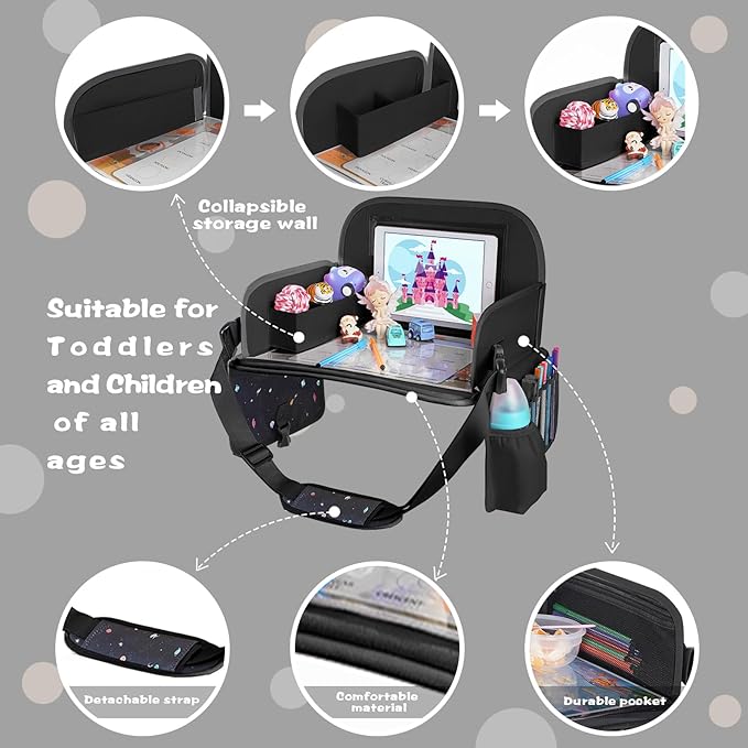 MENZOKE Kids Travel Tray, Road Trip Activities for Kids with Dry Erase Board & Cooler Cup Holder, Toddler Car Activities with