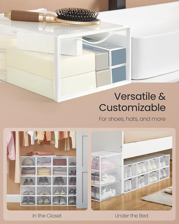SONGMICS Shoe Boxes, Shoe Storage Organizers Rack for Closet, Plastic Stackable Sneaker Containers Case, 12 Pack, Transparent