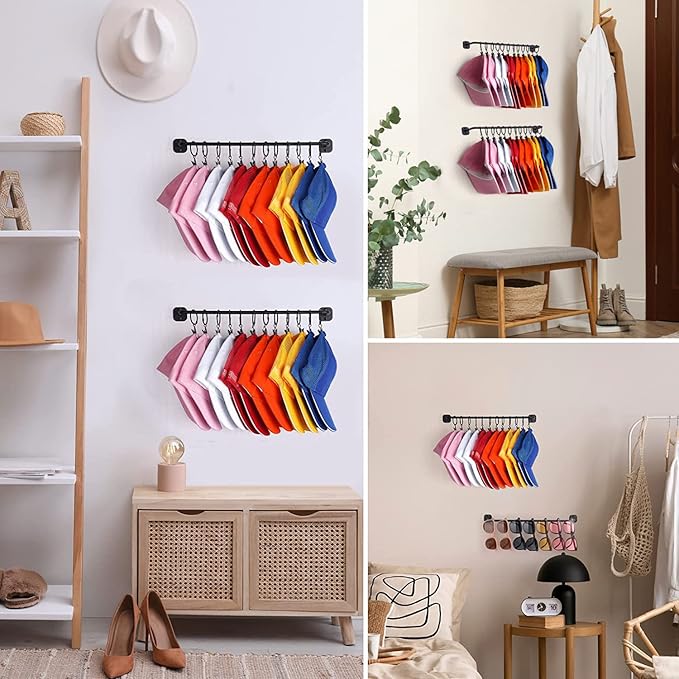 Hat Rack for Wall 24 Baseball Caps Modern Metal Hat Organizer with 24 Clips Hat Holder Wall-Mounted Storage Display for Close