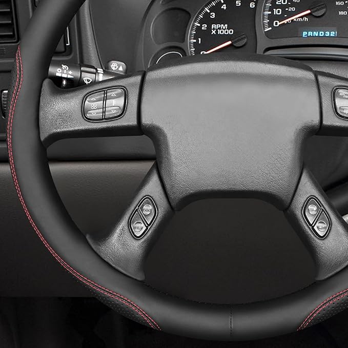 MEWANT Hand Stitch Steering Wheel Cover for Chevy Silverado 1500 2500 Black Smooth Perforated Faux Leather Steering Wrap