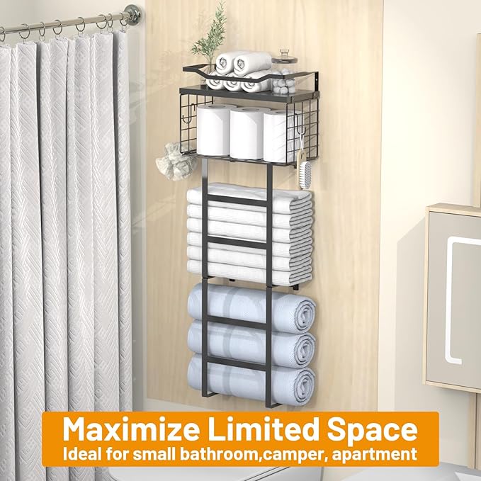 Towel Racks for Bathroom Black, 34IN Rolled Towel Holder, Towel Rack Wall Mounted with 2 Pack Shelf and a Wire Basket, Bathro