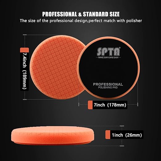 OrangeT40 Orange Medium-Cut Foam Polishing Pad, SPTA 1Pcs 7.5 Inch Face for 7 Inch 180mm Backing Plate Compound Buffing Sponge Pads for Car Buffer Polisher Compounding, Polishing and Waxing -FPTSS7O