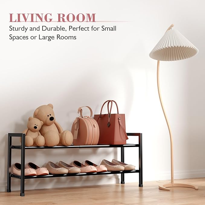 Bumusty 2 Tier Expandable Shoe Rack for Closet, 18“-33” Adjustable Shoe Rack for Small Space, Small Shoe Organizer for Front 
