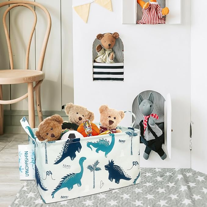 LANGYASHAN Rectangular Storage Bin Collapse Canvas Fabric Cartoon Storage Basket with Handles for Organizing Home Kitchen Boy