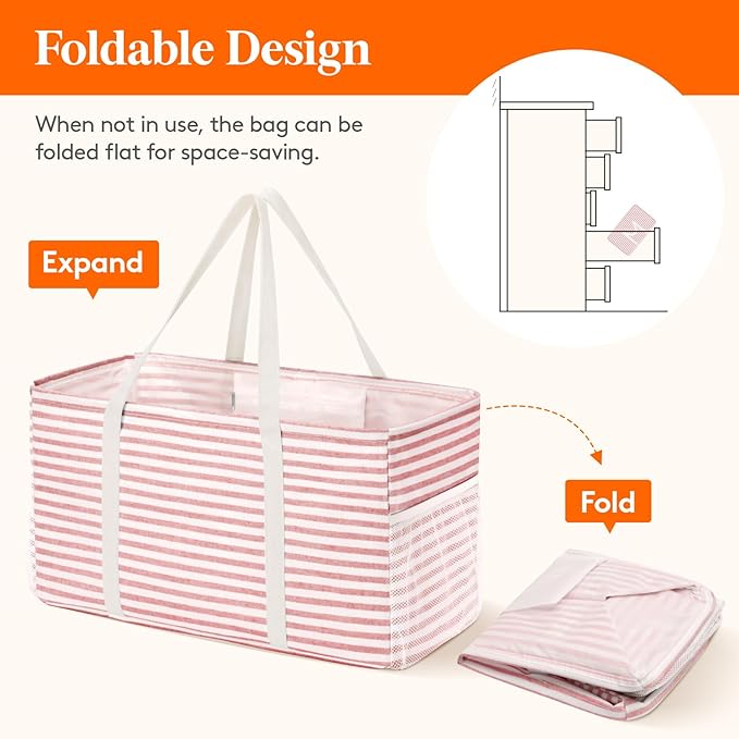 Lifewit Extra Large Tote Bag, Reusable Grocery Bags with Metal Wire Frame and Handles, Standing Utility Foldable Shopping Bags for Storage, Picnics, Beach, Laundry, Car, 46L, 1 Pack, Pink