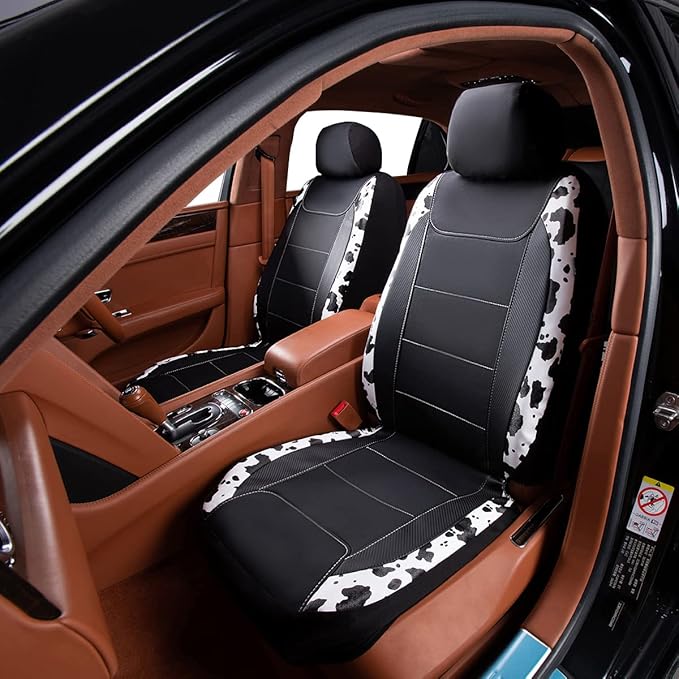 Flying Banner car seat Covers Protects Water Proof Faux Leather Carbon Fiber Front and Rear Bench (Cow Black, Full Set - 8PCS