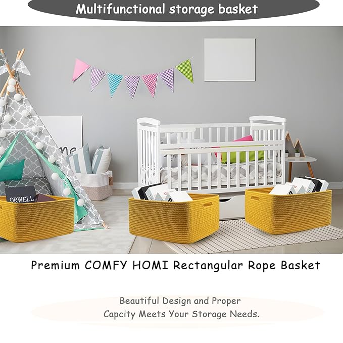 COMFY-HOMI 3 pcs Large Storage Baskets for Shelves, Laundry Basket, Woven Rope Basket, Closet Organizer Bins for Clothes Blan