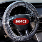 ICWEIMEI 500PCS Universal Disposable Steering Wheel Cover Plastic Transparent Car Steering Wheel Covers with Elastic Trims for Steering Wheels