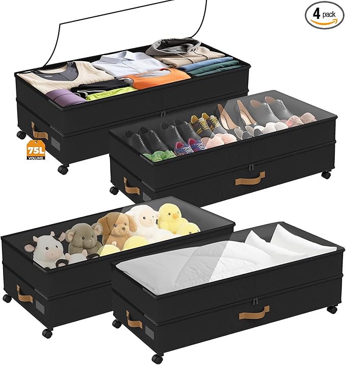Under Bed Storage with Wheels 4-Pack, 75L XXL Under the Bed Storage Containers Large, 12" Tall Adjustable Storage for Underbe