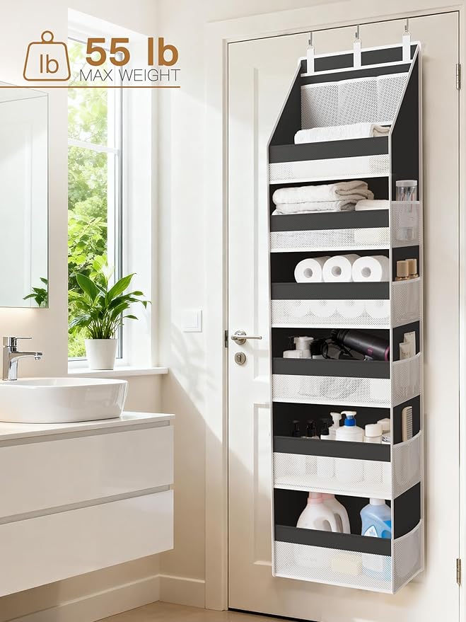 Criusia Over the Door Organizer, Heavy-Duty 6-Shelf Hanging Storage with 13 Mesh Pockets, 55lbs Capacity Behind the Door Stor