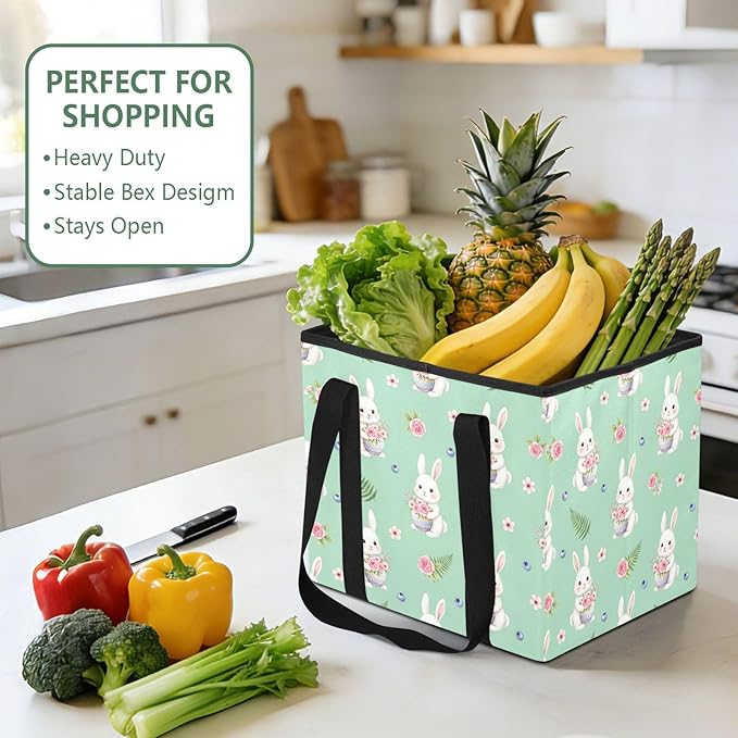 Bunny Floral Pattern Reusable Grocery Bags Large Shopping Tote Bag with Reinforced Bottom Board, Water Resistant Foldable Sto