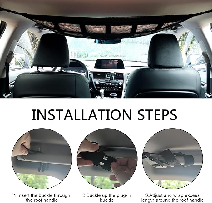 Car Roof Storage Net, Double Layer Mesh Polyester Auto Ceiling Cargo Net, 31.5" x 21.6" Camping Overhead Storage Organizer, Universal for Sedans Jeeps SUVs (Black)