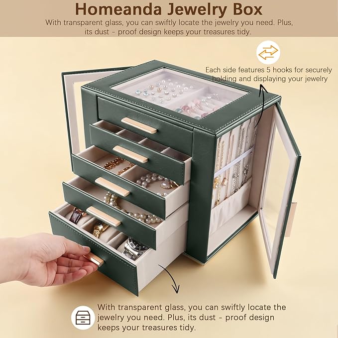 Homeanda Jewelry Box for Women with Glass Lid, 5 Drawers Jewelry Organizer and Storage for Necklaces, Rings, Earrings, Bracel