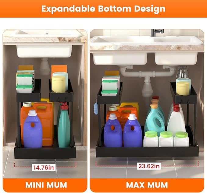 Expandable Under Sink Organizers and Storage,Width Adjustable (14.9-23.6IN),No Drill 2-Tier Pull Out Under Cabinet Organizer 