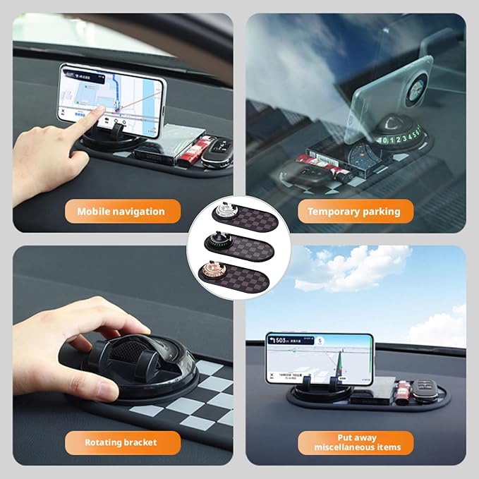 Car Dashboard Mat Kit: 360° Rotating Phone Holder, Parking Number Plate, Universal Anti-Slip Organizer Pad (Moonlight Silver)