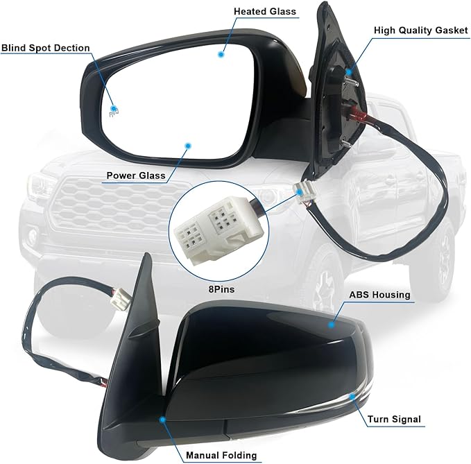 Left Driver side Mirror Fits 2016-2022 Toyota Tacoma With Power Glass, Heated, Turn Signal, Blind Spot Detection and Manual Folding Match to Midnight Black Metallic Replace TO1321350(8Pins)