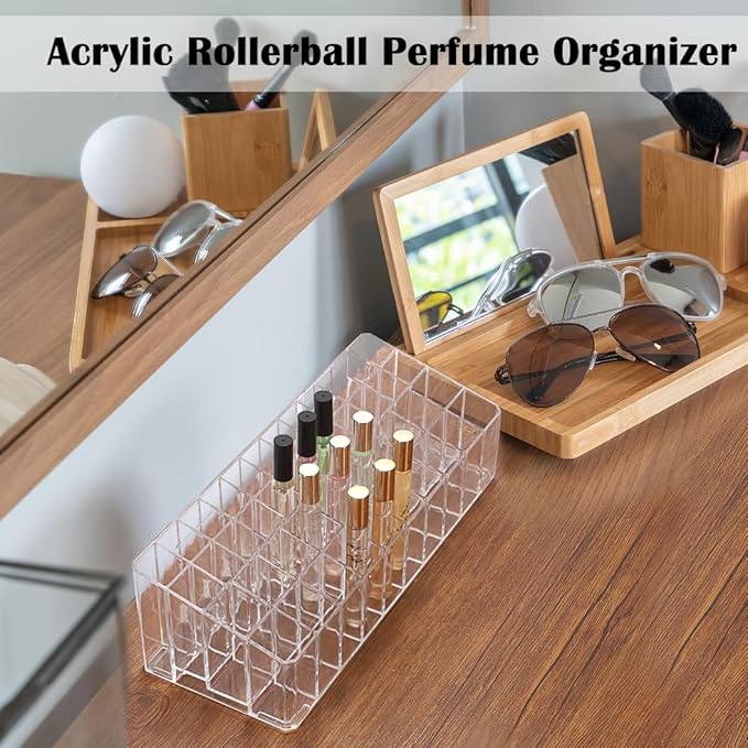 ELLDOO Rollerball Perfume Organizer, 44 Spaces Clear Acrylic Perfume Storage Holder Beauty Scent Holder, Essential Oil Storag