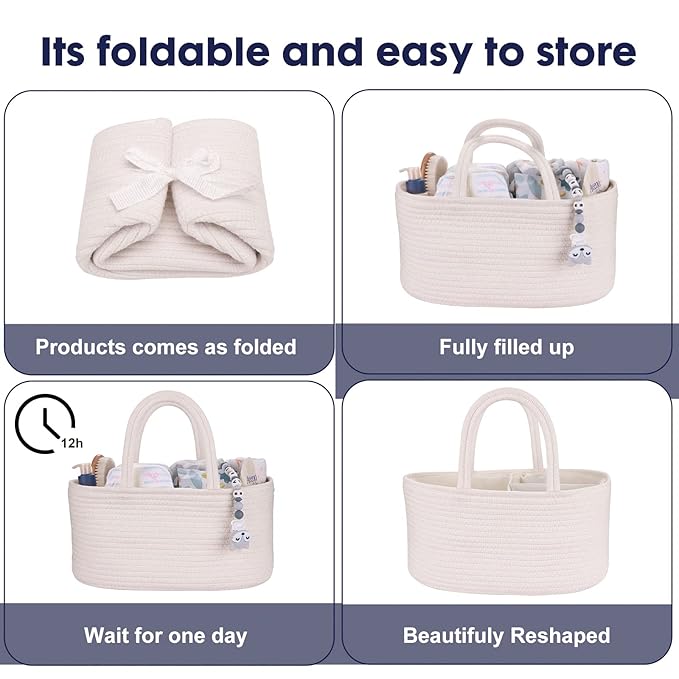 Baby Diaper Caddy Organizer for Girl Boy Cotton Rope Nursery Storage Bin Basket Portable Holder Tote Bag for Changing Table C
