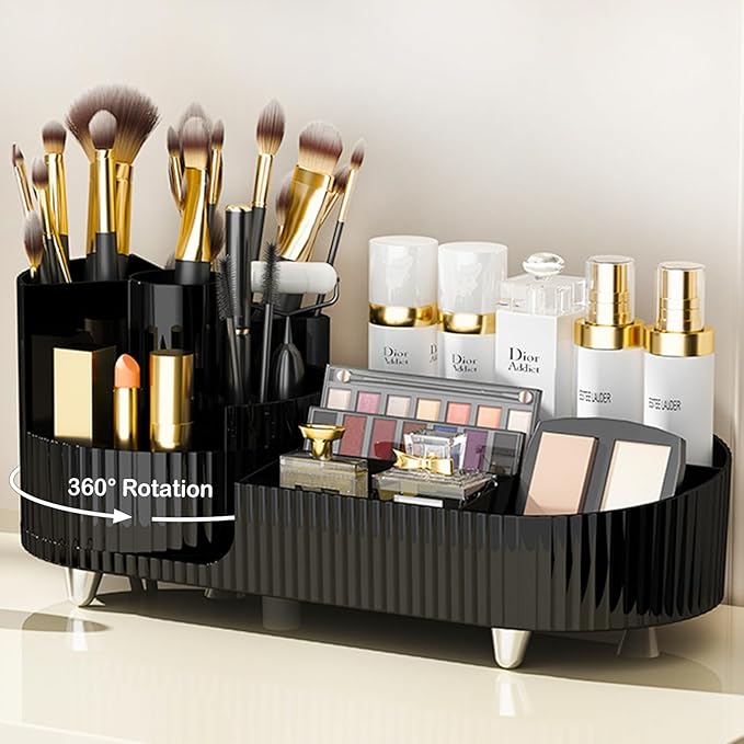 Rotating Makeup Organizer for Vanity with Brush Holder, Cosmetic Makeup Storage Organizer, Large Spinning Makeup Skincare Org