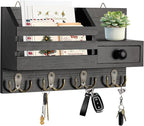 Key Holder Wall Mount, Wooden Adhesive Mail and Key Organizer with Drawer, Small Shelf, 8 Hooks, 2 Installation Methods, Blac
