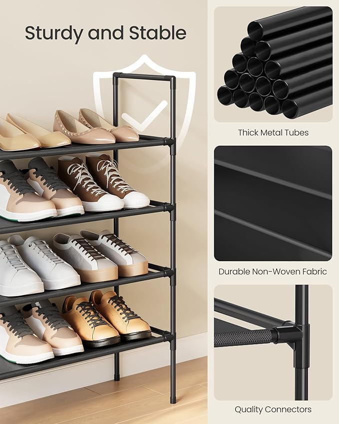 SONGMICS 4-Tier Shoe Rack, Shoe Storage for Hallway Closet, Slim and Space-Saving, Metal Frame, Non-Woven Fabric Shelves, Bla
