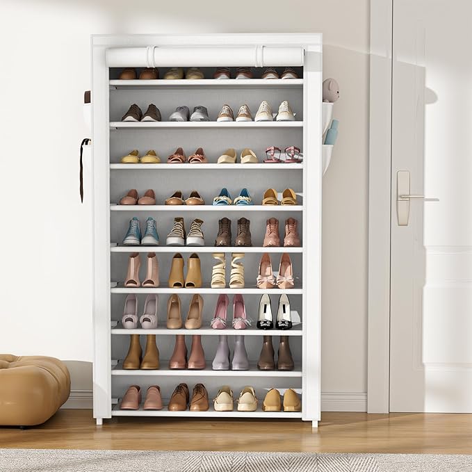VILICK Shoe Rack with Cover Narrow Shoe Organizer with Pockets 10 Tier Tall Shoe Storage Holds 36-41 Pairs Shoes and Boots Sh