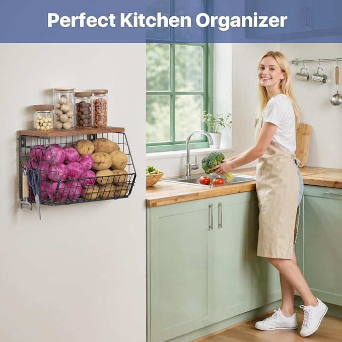 Housolution Wall Mounted Fruit Basket for Kitchen, Hanging Fruit Bowl Wire Baskets with 4 Hanger Hooks, Potato and Onion Stor